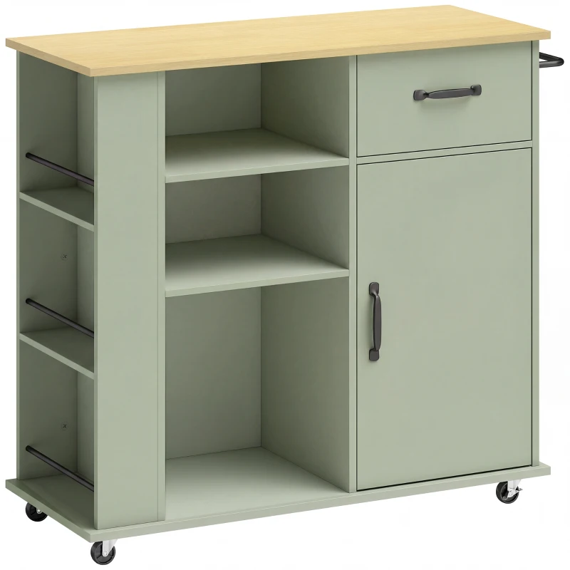 HOMCOM Desserte de cuisine à roulettes, îlot central cuisine avec tiroir, porte, compartiments ouverts et porte-épices, vert