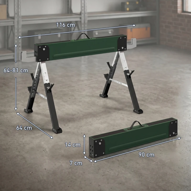 HOMCOM lot de 2 tréteaux pliables en métal, charge max 1160 kg, hauteur réglable 64-81cm, poignée de transport, vert