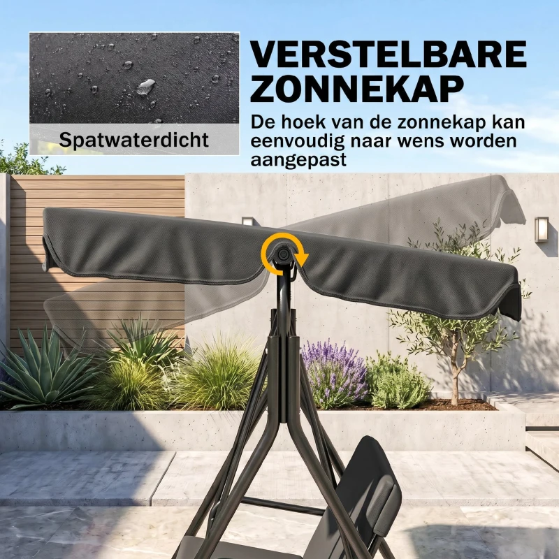 Outsunny 3-zits Hollywoodschommel Tuinligbed Schommelbank, weerbestendig, 172 cm x 110 cm x 153 cm, Zwart