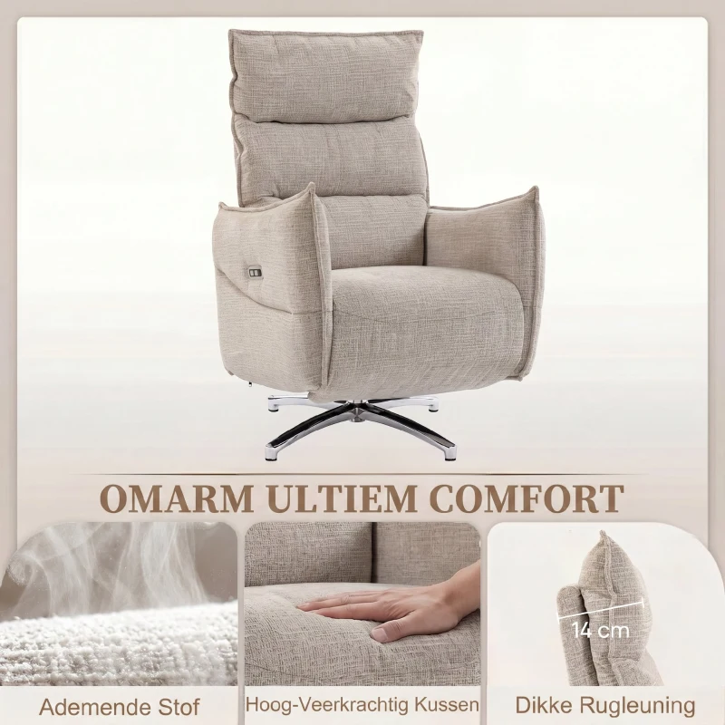 HOMCOM Draaibare Elektrische Relaxstoel voor Volwassenen, Stoel in Linnenlook met Oplaadpoorten, Beige