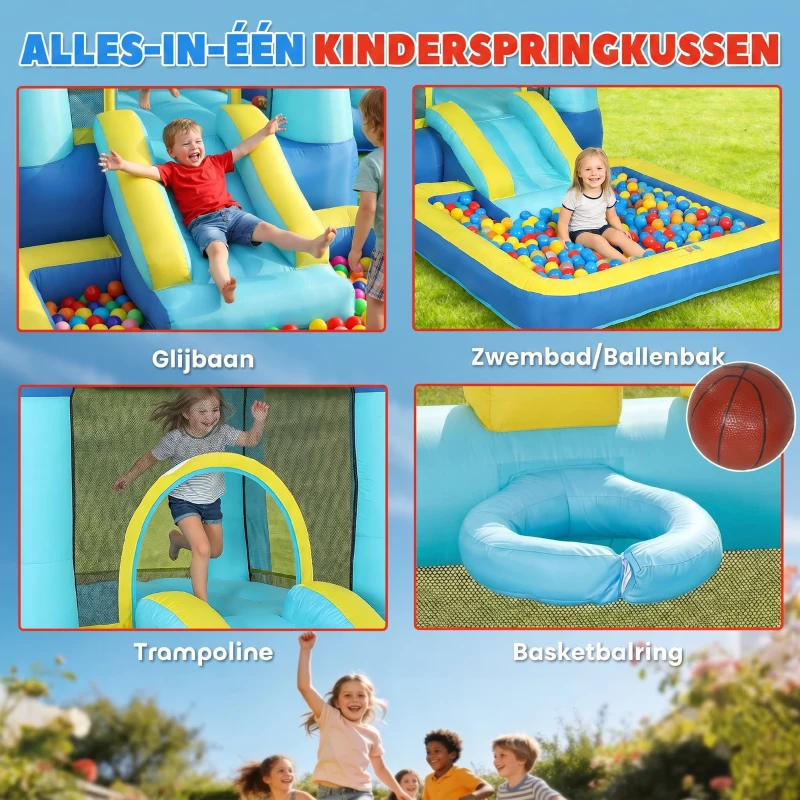 AIYAPLAY Springkasteel Opblaasbaar Speelcentrum met Luchtblazer Glijbaan Trampoline Zwembad/Ballenbak Waterpistool 364x173x182 cm Blauw