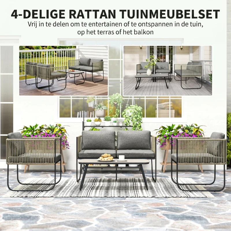 Outsunny Polyrattan Tuinmeubelset Lounge-Set met Sofa, Stoelen, Tafel en Kussens Weerbestendig 116 x 60 x 69 cm Bruin+Donkergrijs