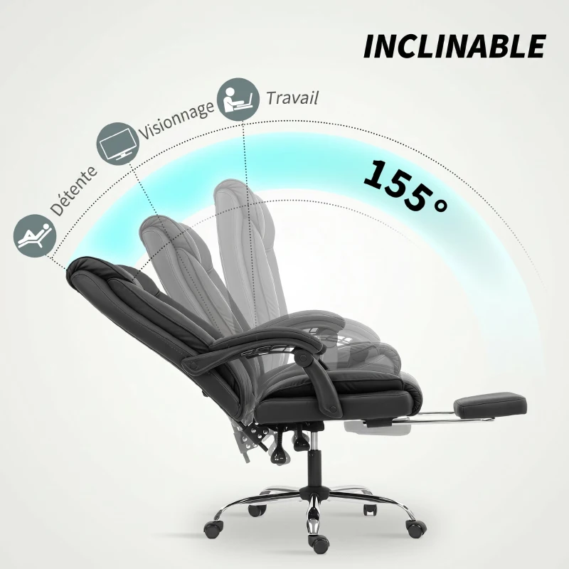 HOMCOM Chaise de bureau ergonomique, fauteuil de bureau inclinable avec repose-pieds, hauteur réglable, pivotante 360°, noir