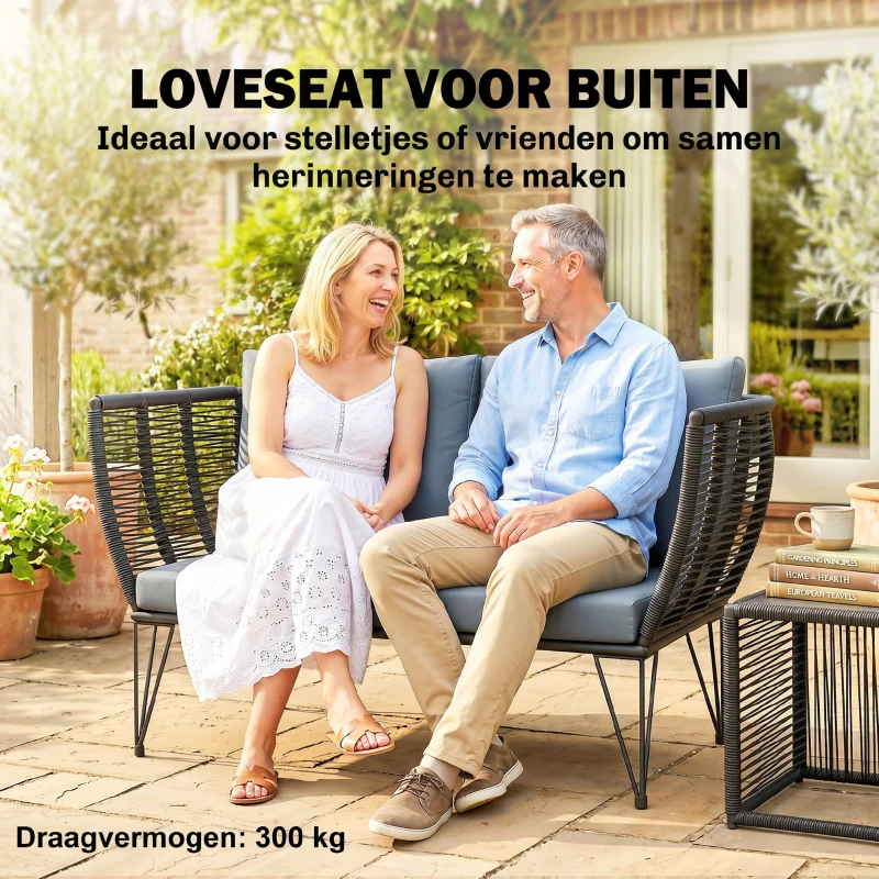 Outsunny Tuinbank met kussens 2-zits bank outdoor balkonbank rotanbank tuinmeubelen 123 x 67 x 72 cm lichtgrijs