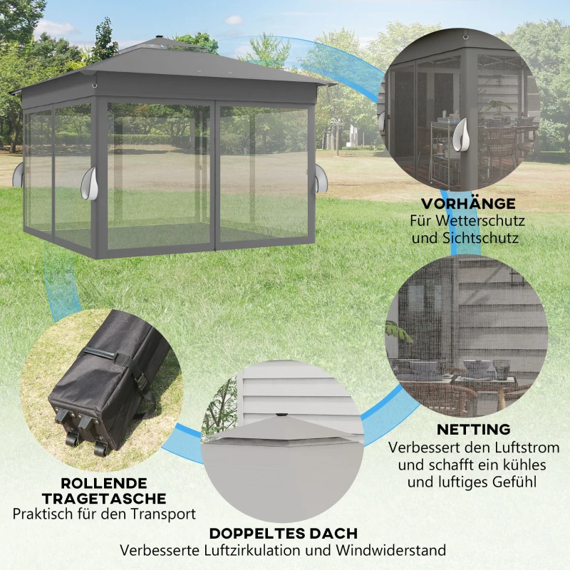 Outsunny Gartenzelt mit solarbetriebenen LED´s Gartenzelt mit Beleuchtung, 336 cm x 336 cmx 270 cm, Grau