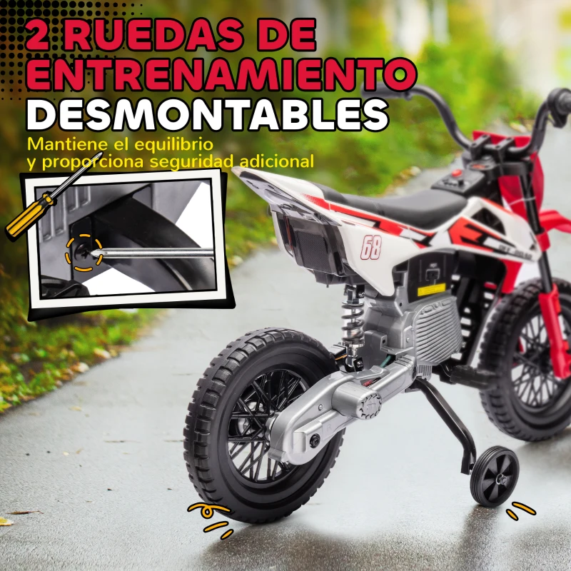 AIYAPLAY Moto Eléctrica para Niños de +3 Años con Batería 12V Música y Ruedas Auxiliares Carga 30 kg Rojo