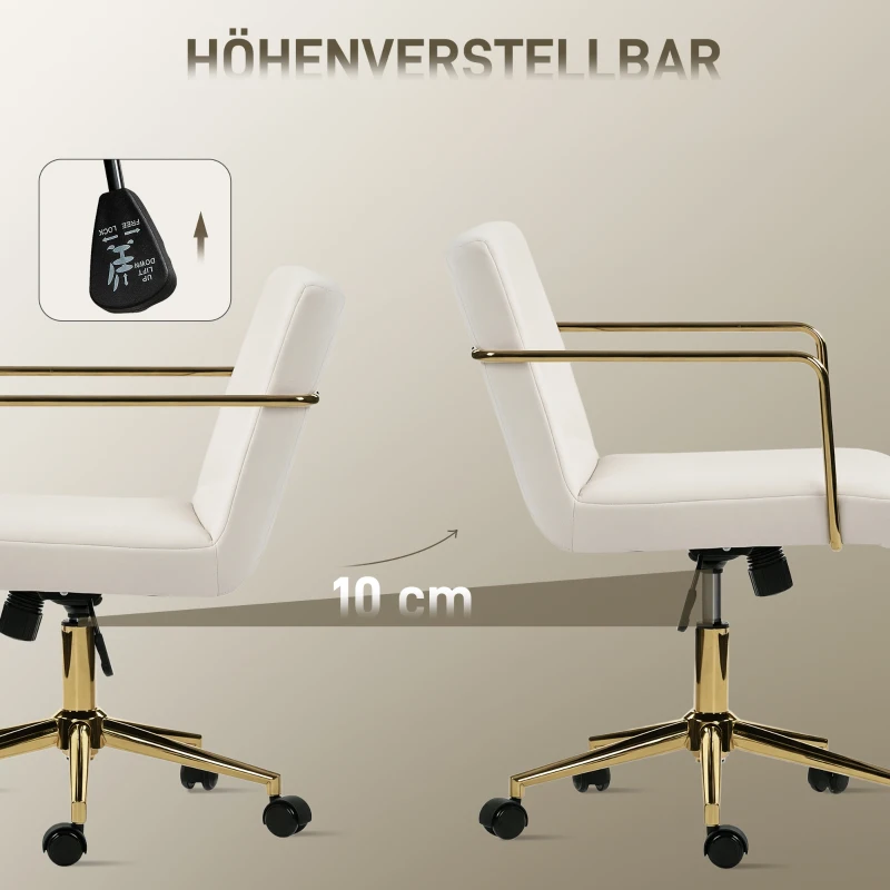 HOMCOM Rollbarer Bürostuhl mit Gold-Akzenten, Computerstuhl mit Metallbasis, Stoffbezug in Samtoptik, Cremeweiß