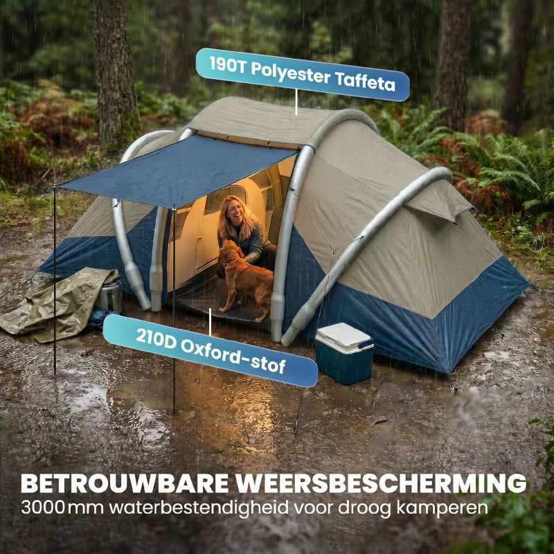 Outsunny Opblaasbare Tent voor 4 Personen – Snel op te zetten Outdoor Camping Tent met 2 Slaapkamers, Meshramen en Luifel