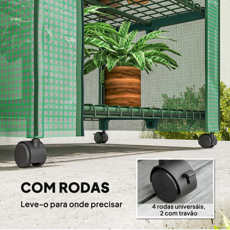 Outsunny Estufa de Exterior com 4 Prateleiras e Rodas Porta Enrolável Estrutura em Aço e Cobertura de PE 140g/㎡ Anti-UV 69x50x165 cm Verde