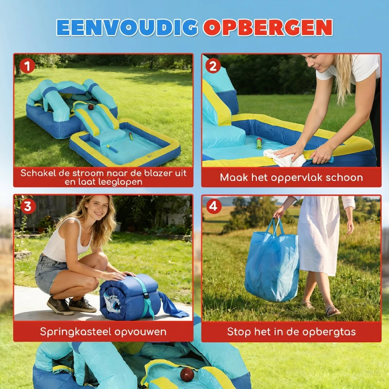 AIYAPLAY Springkasteel Opblaasbaar Speelcentrum met Luchtblazer Glijbaan Trampoline Zwembad/Ballenbak Waterpistool 364x173x182 cm Blauw