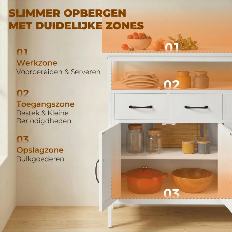 HOMCOM Dressoir met Verstelbare Planken, Buffetkast met Laden, 95 cm, Wit