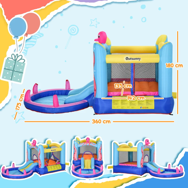 Outsunny opblaasbaar springkasteel met elektrische pomp voor 2 kinderen octopus ontwerp 360 x 175 x 180 cm