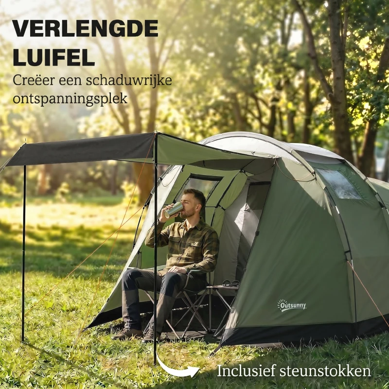 Outsunny Campingtent voor 3-4 personen stevig 3000 mm waterdicht familietent met slaapcabine voortent leefruimte Groen