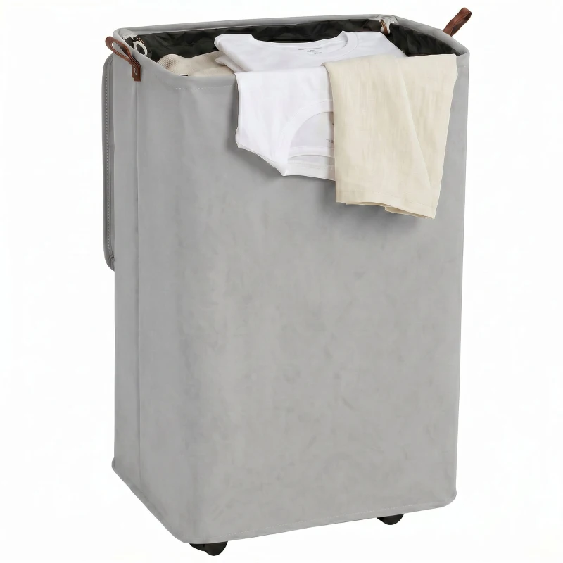 HOMCOM Cesto per Biancheria con Coperchio e Ruote 50 L, Cesta Pieghevole con Sacca a Coulisse Removibile, 40x30x65 cm, Grigio