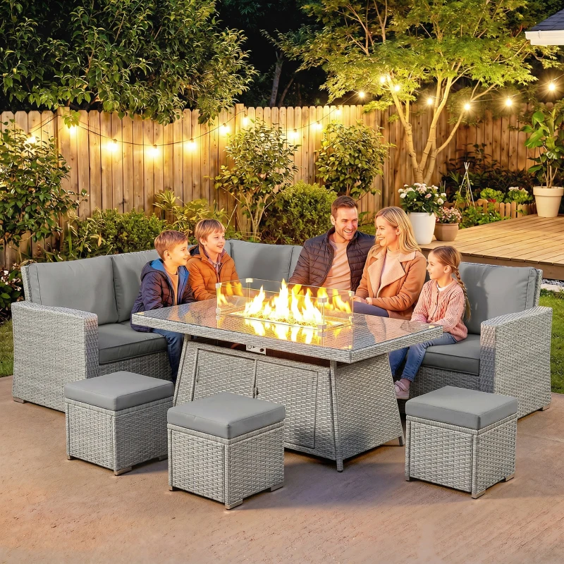 Outsunny Seven-Piece Firepit Table Rattan Sofa Set - Grey