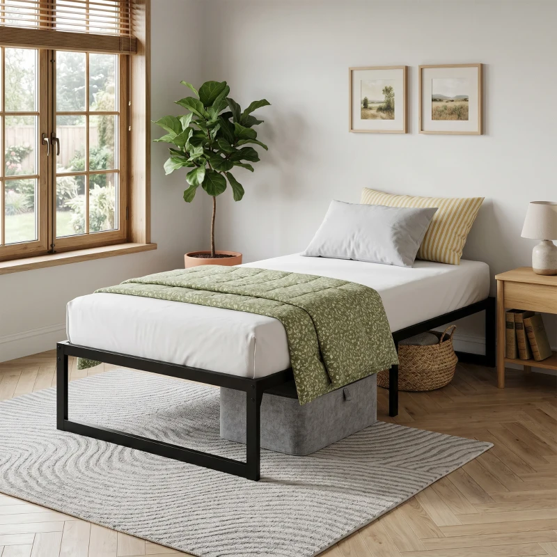 HOMCOM Cadre de lit 90 x 200 cm avec sommier en métal, lit simple avec rangement au-dessous, sans bruit, montage facile, noir