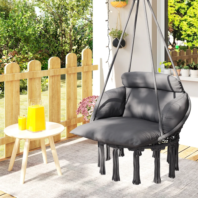 Outsunny Chaise suspendue avec grand coussin rembourré hamac fauteuil suspendu à franges kit de suspension 80 x 60 x 40 cm gris foncé