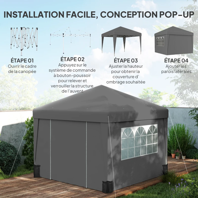 Outsunny Tonnelle de jardin pliante 3 x 3 x 2,75 m anti-UV 30 + avec fenêtres + parois latérales + sac de transport gris foncé