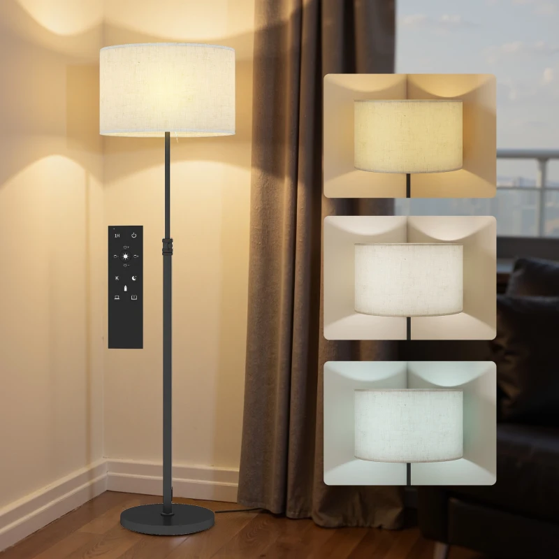 HOMCOM Floor Lamp with Remote, Height Adjustable Standing Lamp with Linen Shade, Dimmable with 3000K-6000K Adjustable Colour Temperatures, Foot Switch for Living Room Bedroom Office, Black