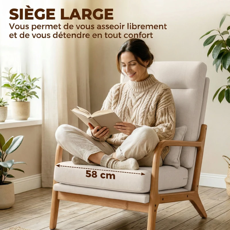 HOMCOM Fauteuil salon, fauteuil d'appoint rembourré en lin avec large assise, support lombaire, haut dossier, 64x86x93cm, crème