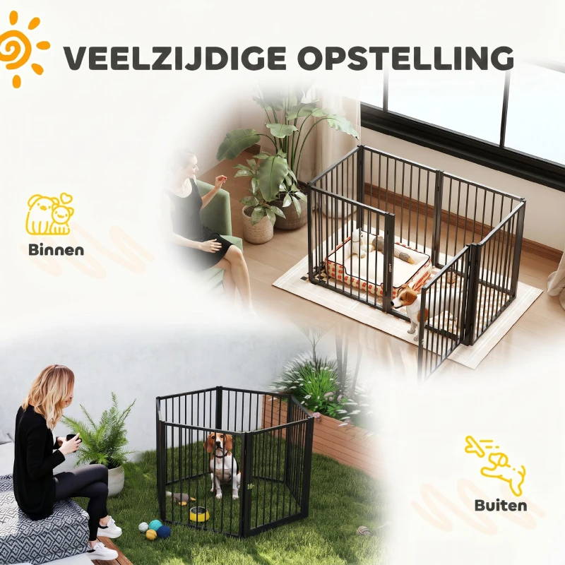 PawHut Puppyren, Hondenren, Puppy Omheining, 6 Panelen met Deur, Opvouwbaar en Draagbaar Hondenhek, Staal, Zwart