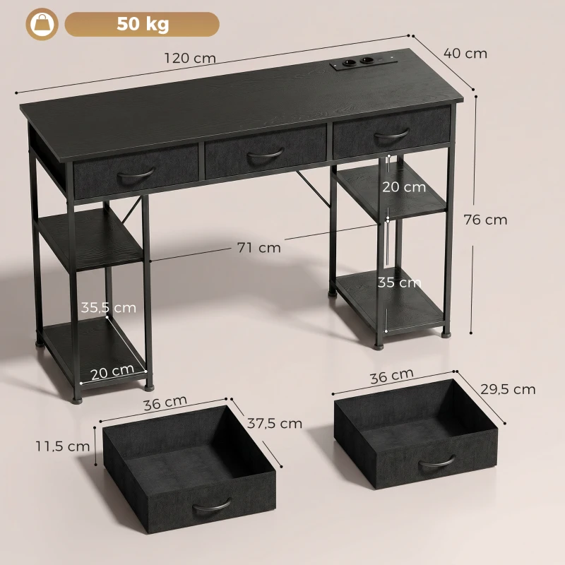 HOMCOM Escritorio con Almacenamiento Tomas de Corriente 3 Cajones de Tela y 4 Estantes 120x40x76 cm Negro