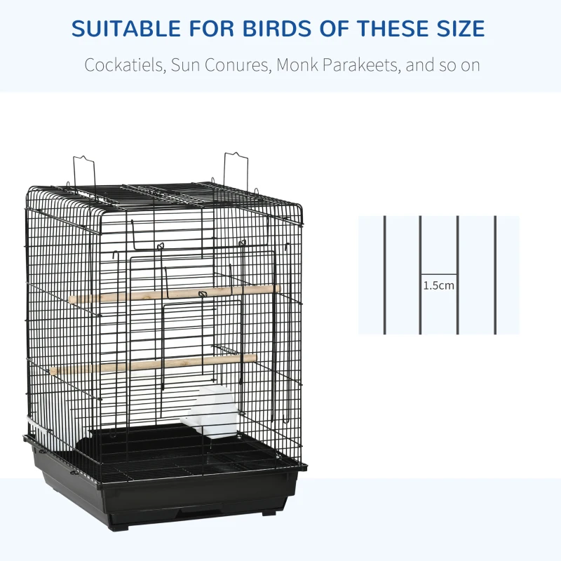 PawHut Steel Bird Cage with Openable Top, Stand, Tray, Handles, Feeding Bowls for Parakeet Cockatiel - Black