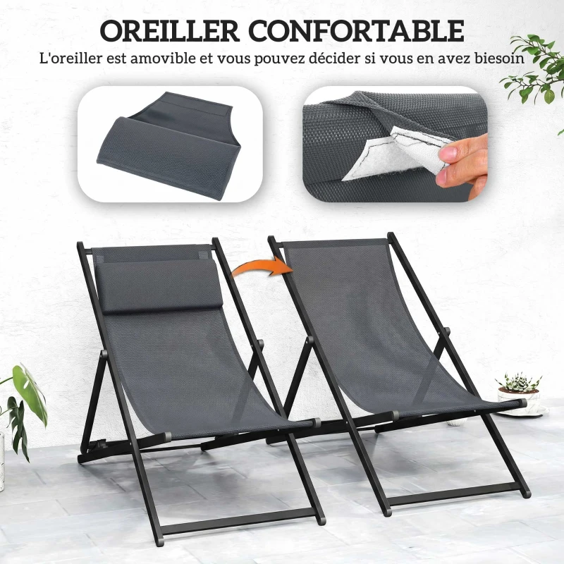 Outsunny Lot de 2 bain de soleil, chaise longue pliante avec appuie-tête en textilène inclinable 60 x 100 x 85 cm gris foncé