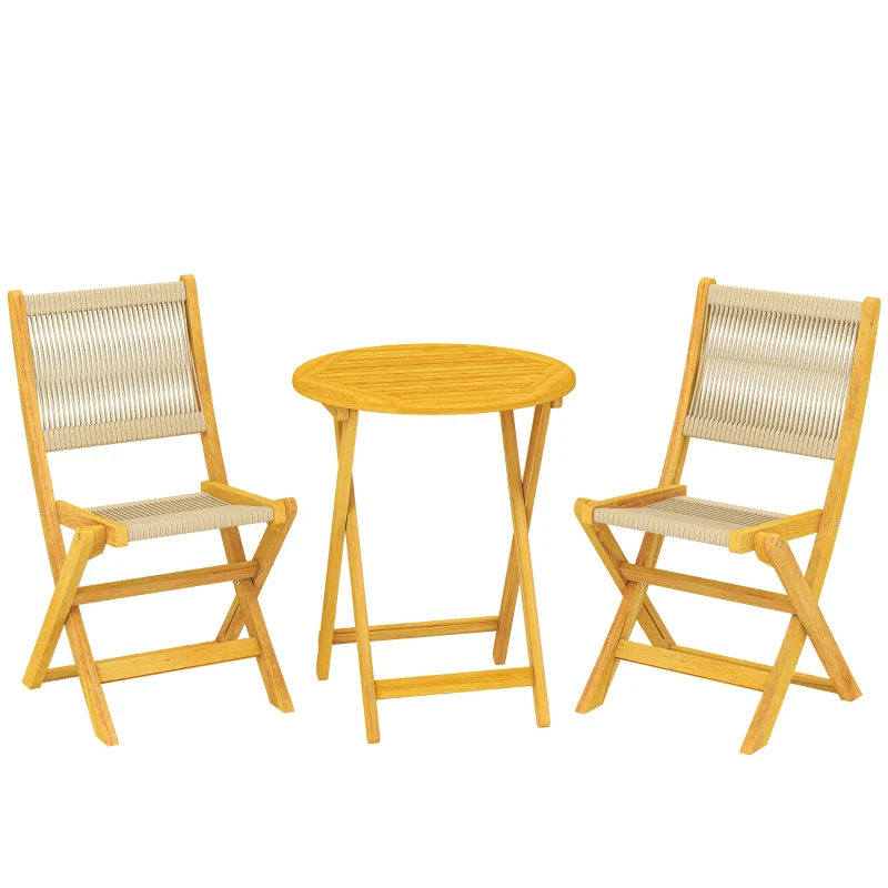 Outsunny Salon de Jardin Ensemble Bistro 3 Pièces Table Ronde et 2 Chaises Pliables Design Boho Bois d'Acacia Cordage PP Naturel