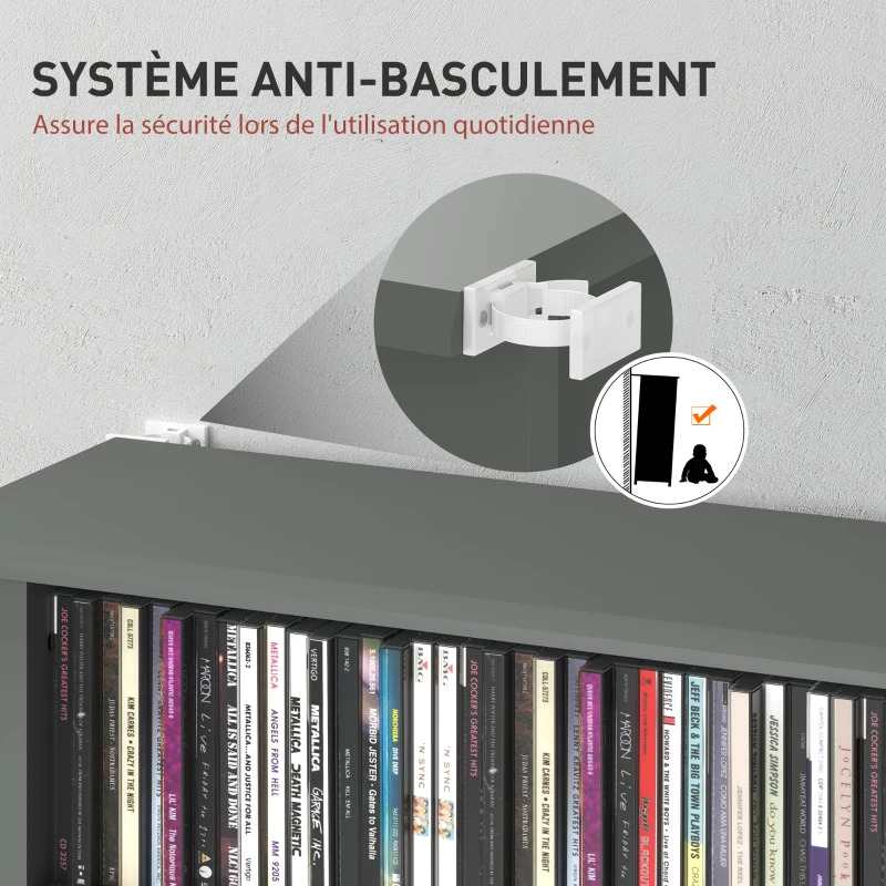 HOMCOM Rangements pour CD et DVD avec 8 compartiments et 6 étagères réglables, capacité max. 360 CD/185 DVD et Blu-ray, gris