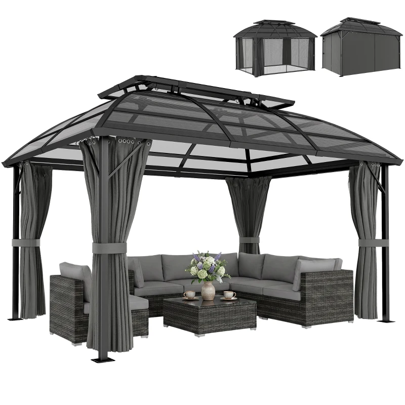 Outsunny 4 x 3m Aluminium Frame Hard Gazebo, with Accessories - Black