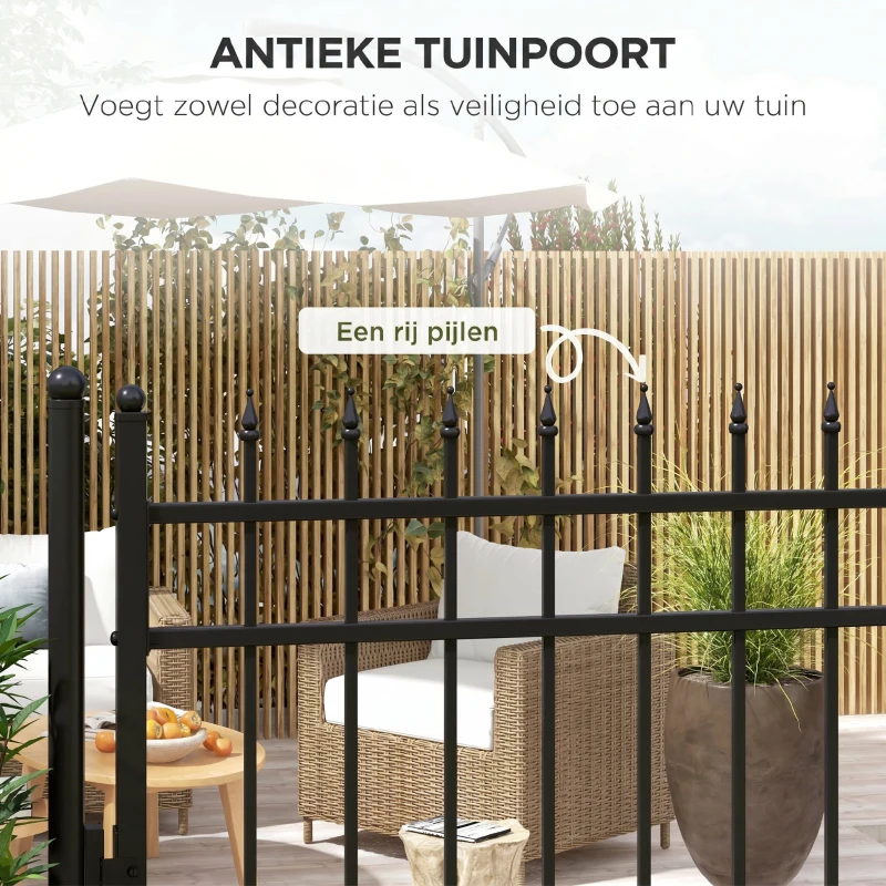 Outsunny Tuinhek, slot en sleutel, decoratieve spijlen, roestvrij staal, 107x204cm, Zwart
