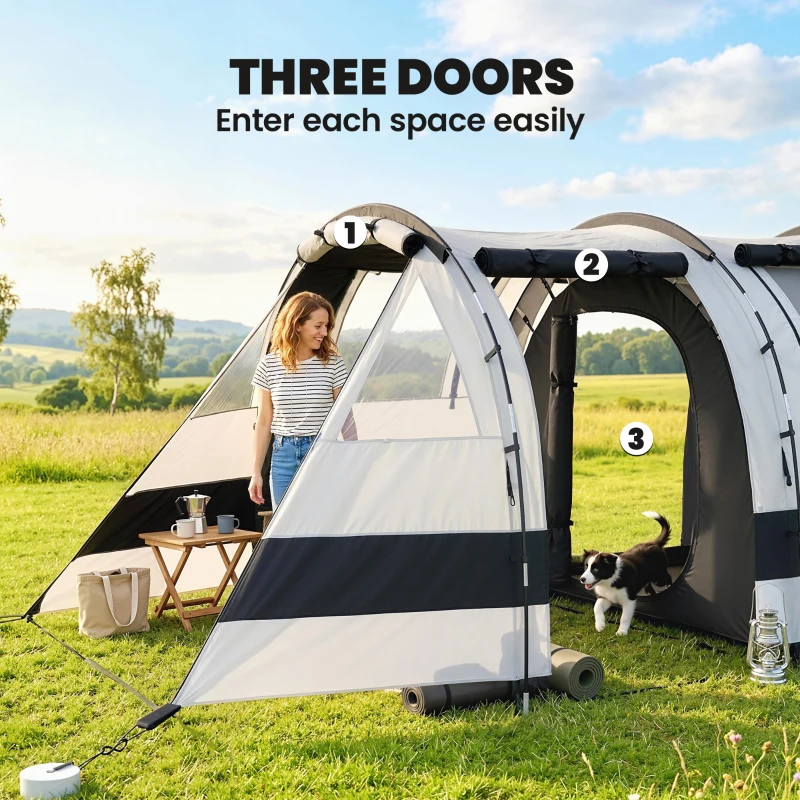 Outsunny Camping Tent, 4-5 Man Blackout Tent with Bedroom and Living Room, Portable with Bag, for Fishing Hiking Festival, Khaki