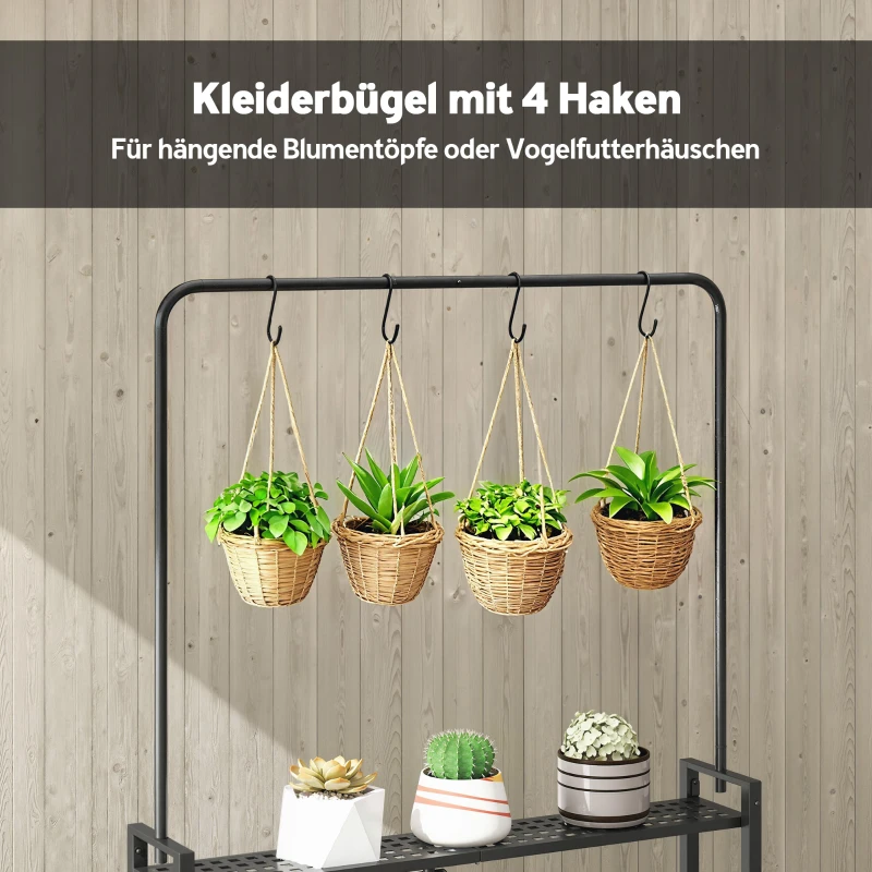 Outsunny 3-Etagen Pflanzenständer Klappbar Blumenständer mit Rolle, Haken, Pflanzenregal aus Metall, Schwarz
