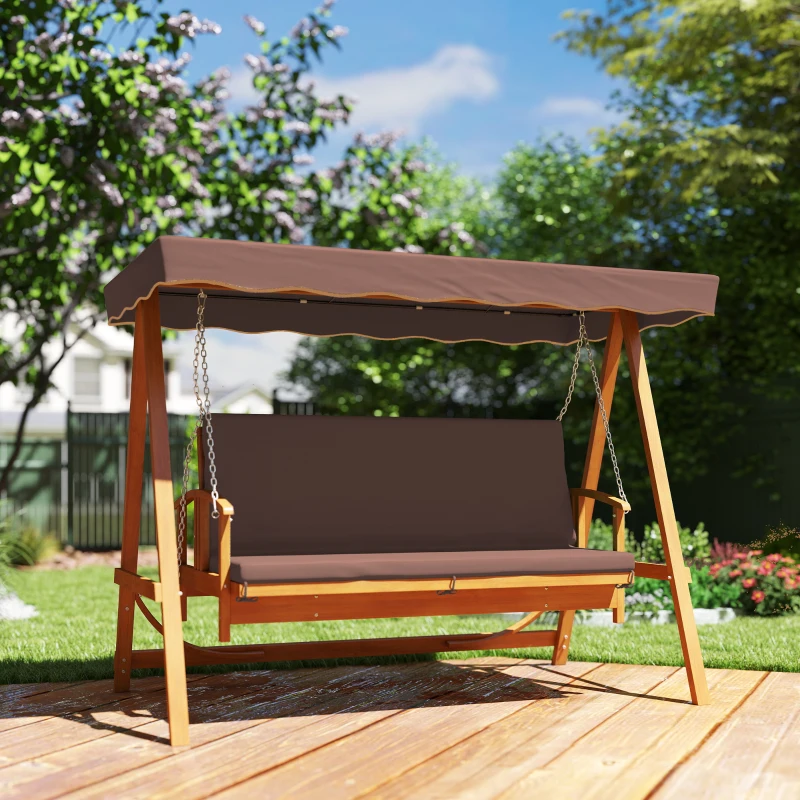 Outsunny Hollywoodschaukel mit Sonnendach, Echtholz-Gartenschaukel, Schaukelbank mit Liege-Funktion, für 3 Personen, Braun(m-2)