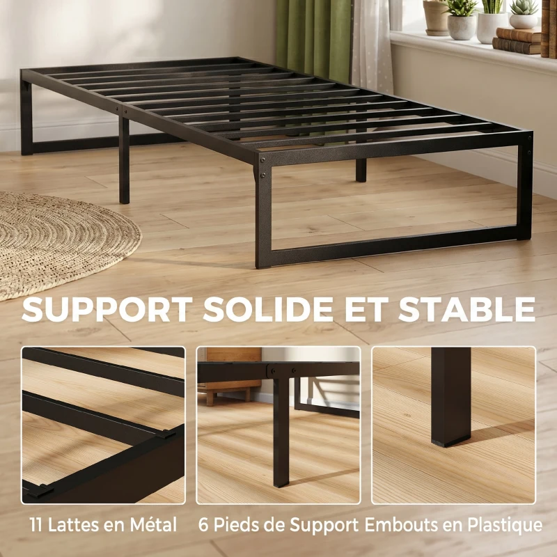 HOMCOM Cadre de lit 90 x 200 cm avec sommier en métal, lit simple avec rangement au-dessous, sans bruit, montage facile, noir