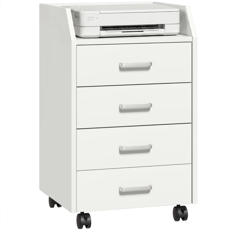 Vinsetto Cassettiera da Ufficio in Legno con 4 Cassetti, Ruote e Bordi Rialzati, 40x36x65cm, Bianco