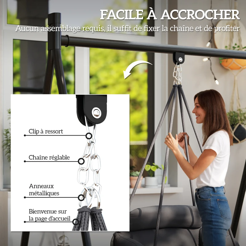 Outsunny Chaise suspendue avec grand coussin rembourré hamac fauteuil suspendu à franges kit de suspension 80 x 60 x 40 cm gris foncé