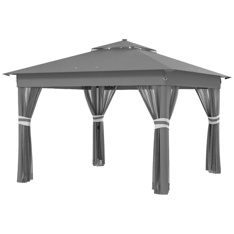 Outsunny Gartentent met zonne-energie LED's Gartentent met verlichting, 336 cm x 336 cm x 270 cm, Grijs