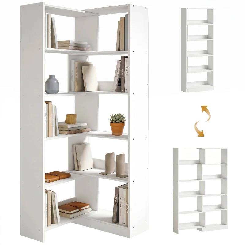 HOMCOM Estante Expansível 5 Níveis Estante para Livros Giratória 350° Largura Ajustável Convertível em L Reta ou Compacta 111,5x23,8x163,7 cm Branco