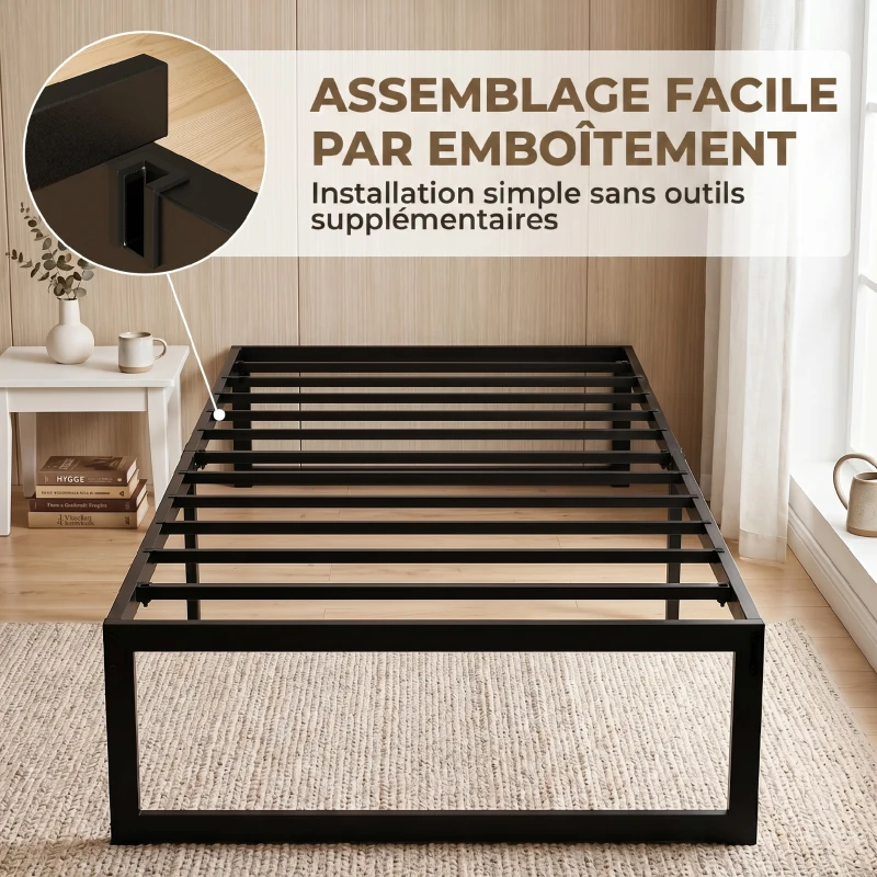 HOMCOM Cadre de lit 90 x 200 cm avec sommier en métal, lit simple avec rangement au-dessous, sans bruit, montage facile, noir