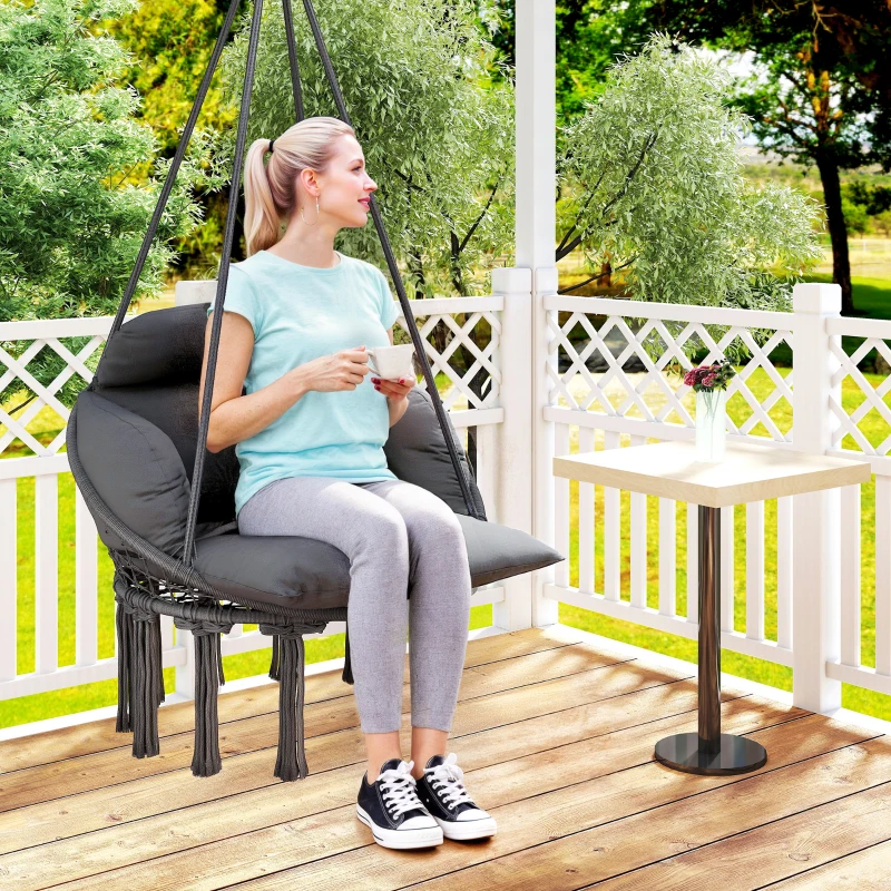 Outsunny Chaise suspendue avec grand coussin rembourré hamac fauteuil suspendu à franges kit de suspension 80 x 60 x 40 cm gris foncé
