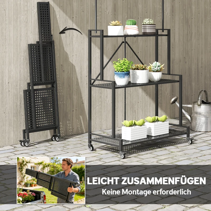 Outsunny 3-Etagen Pflanzenständer Klappbar Blumenständer mit Rolle, Haken, Pflanzenregal aus Metall, Schwarz