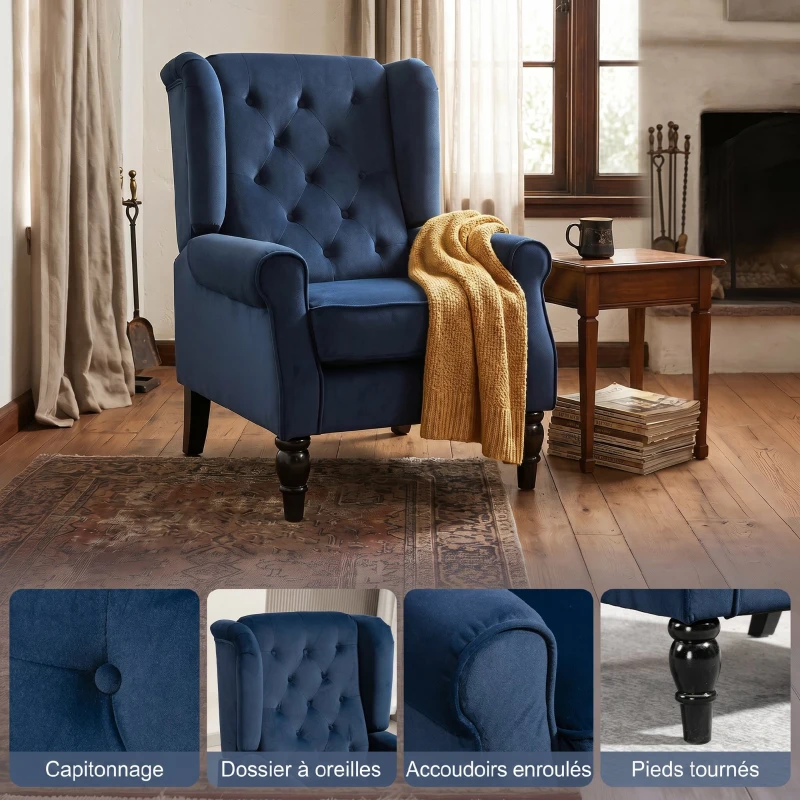 HOMCOM Fauteuil de salon capitonné avec assise large, pieds en bois, style classique, grand confort, 74x86x102cm, bleu foncé