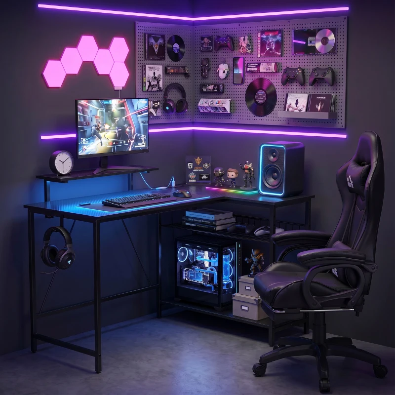 HOMCOM Birou Gaming Colțar cu LED, Prize Electrice, Suport pentru Monitor și Raft, Negru