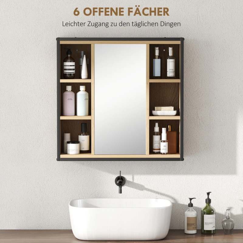 HOMCOM Badezimmer-Spiegelschrank, 6 offene Fächer, 3-stufiges Regal, Wandmontage, Eiche