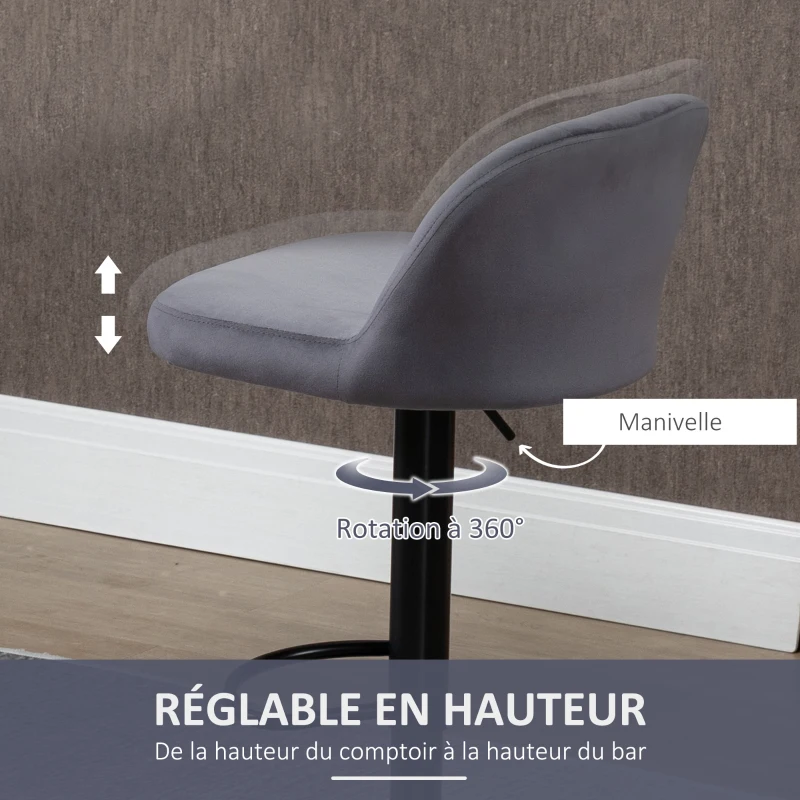 HOMCOM Lot de 2 tabourets de bar design contemporain avec repose-pieds hauteur réglable et pivotant gris