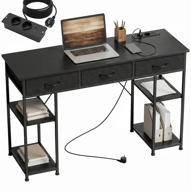 HOMCOM Escritorio con Almacenamiento Tomas de Corriente 3 Cajones de Tela y 4 Estantes 120x40x76 cm Negro
