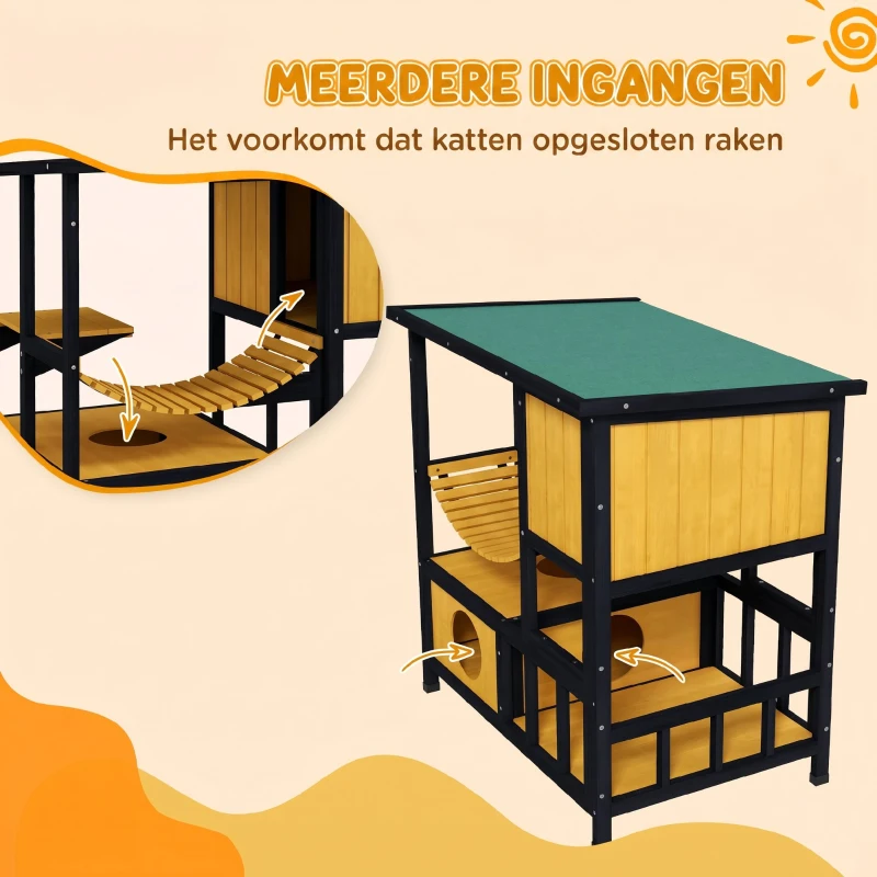 PawHut Katzenhuis Kattenhut Kattenhol, weerbestendig, 1 helling, 1 platform, 84,5 x 60 x 88 cm, Groen + Natuur(m-6)