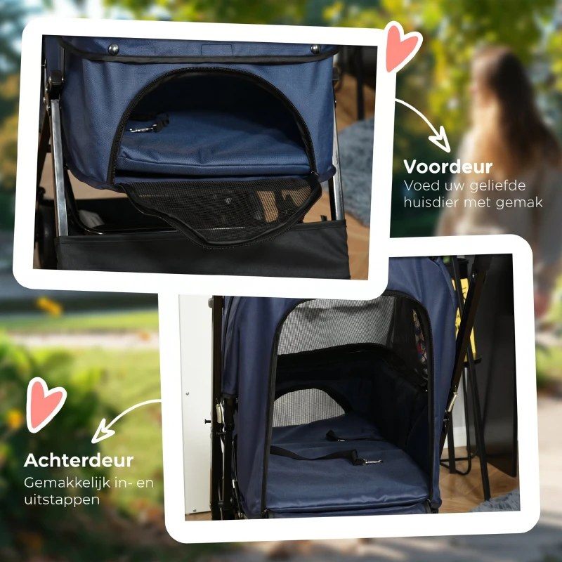 PawHut Hondenbuggy Opvouwbaar, 1 Mand, 2 Remmen, inclusief Veiligheidslijn, Blauw